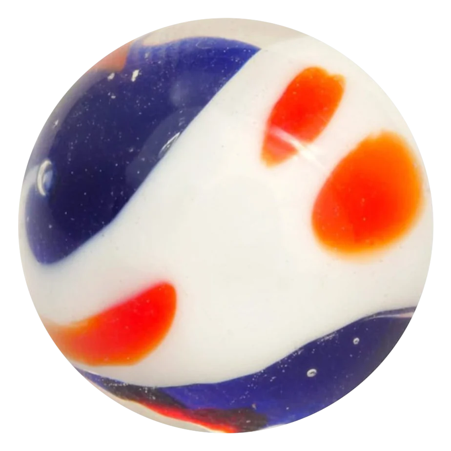 Yin Yang blauw-wit 16mm: handgemaakte knikker in donkerblauw en wit met oranje vlekjes