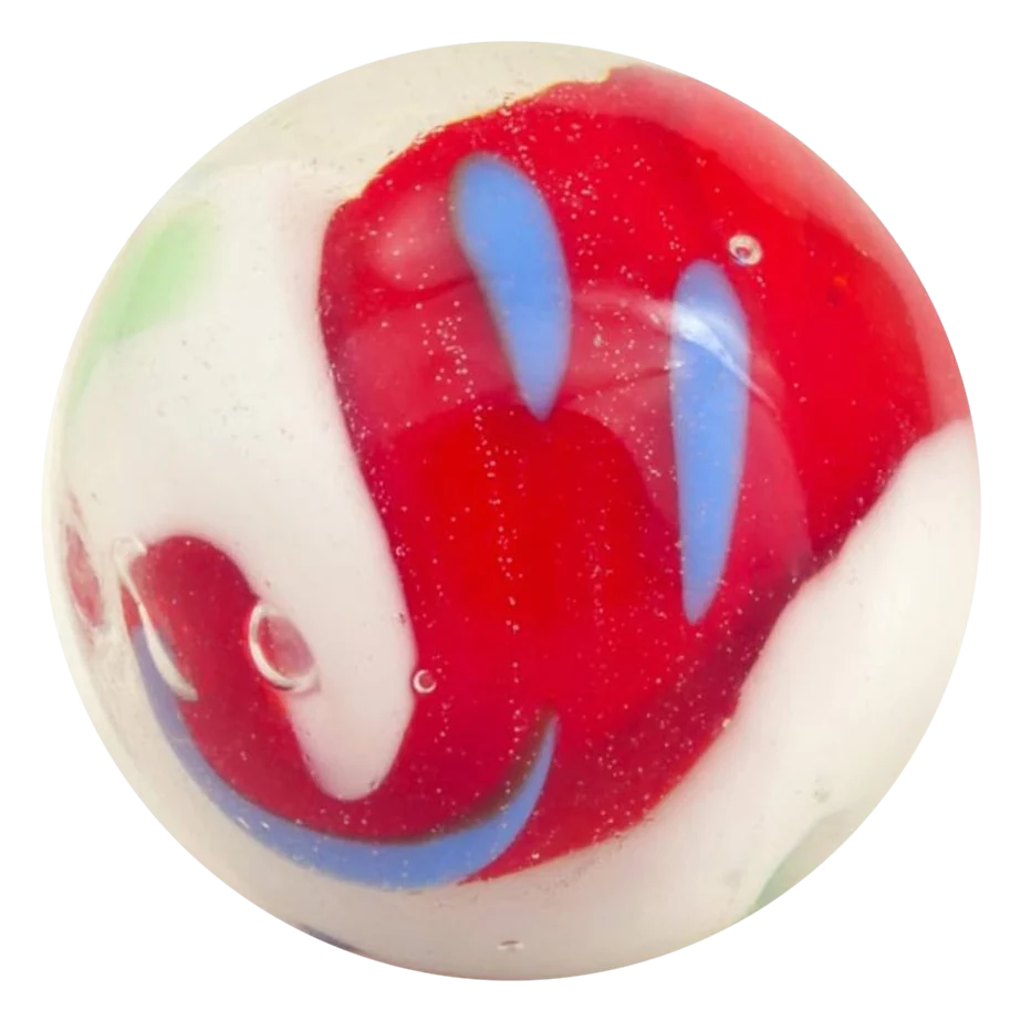 Yin Yang rood-wit 16mm: handgemaakte knikker in rood en wit met lichtblauwe lijntjes