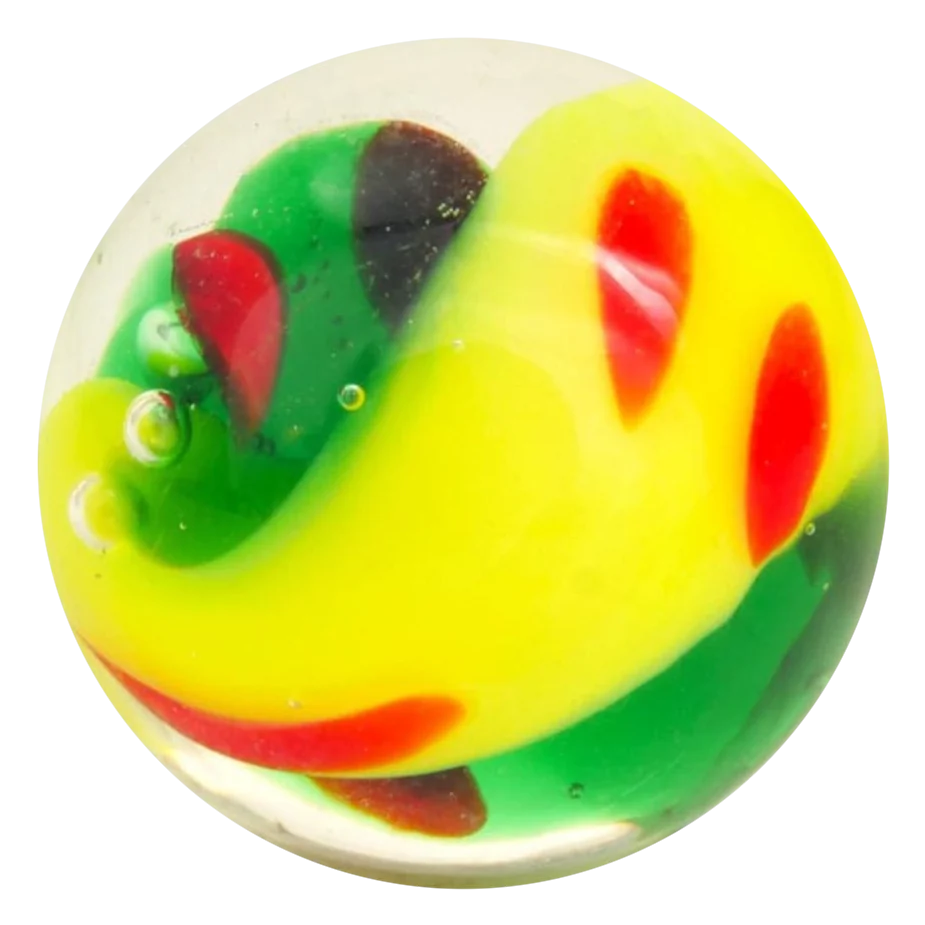 Yin Yang geel-groen 16mm: handgemaakte knikker in geel en groen met rode vlekjes