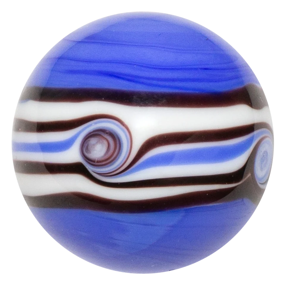 Riptide paars 16mm: handgemaakte knikker in blauwpaars met een witte band en zwarte lijntjes