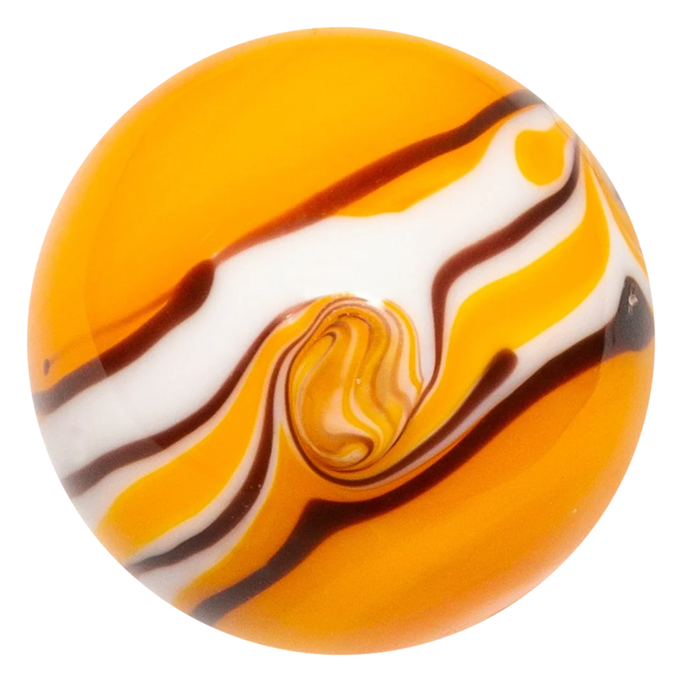 Riptide oranje 22mm: handgemaakte knikker in geeloranje met een witte band en zwarte lijntjes