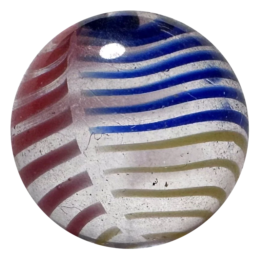 Kermis 16mm: knikker van helder glas met rode, blauwe en gele lijntjes