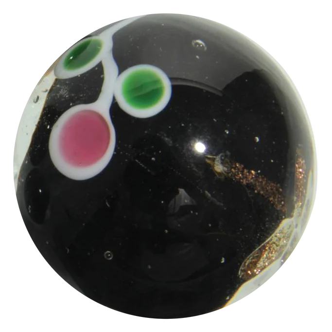 Black Orchid 22mm: handgemaakte zwarte bonk met roze en groene bloemetjes en koperkleurige spikkels