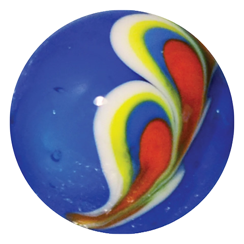 Pauwenveer blauw 16mm: handgemaakte blauwe knikker met een veer in wit, geel en rood