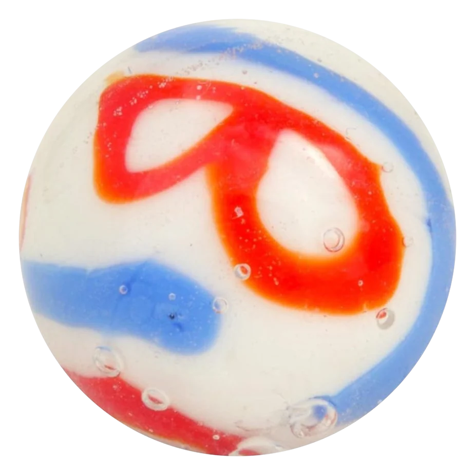 Party wit 16mm: handgemaakte witte knikker met rode en blauwe banen